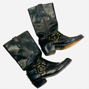 Frye Black Leather Harness Biker Motorcycle Boots